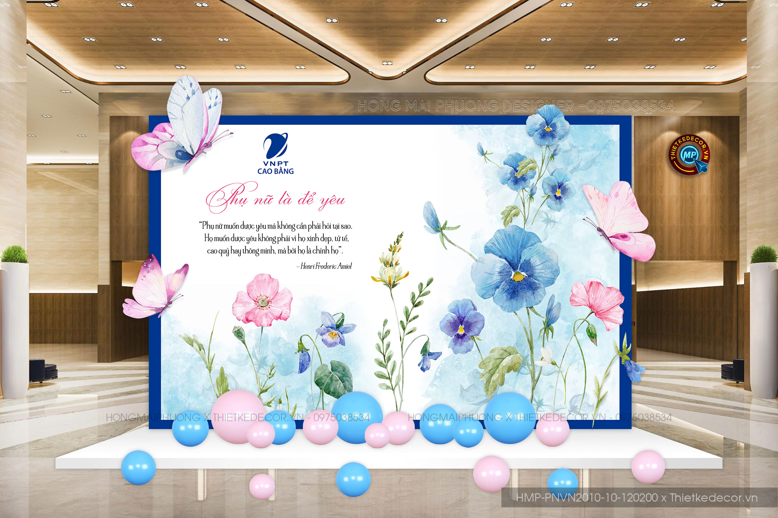 Backdrop Phụ nữ VN 20-10 mix khu vườn hoa bướm tone xanh dương chủ đạo